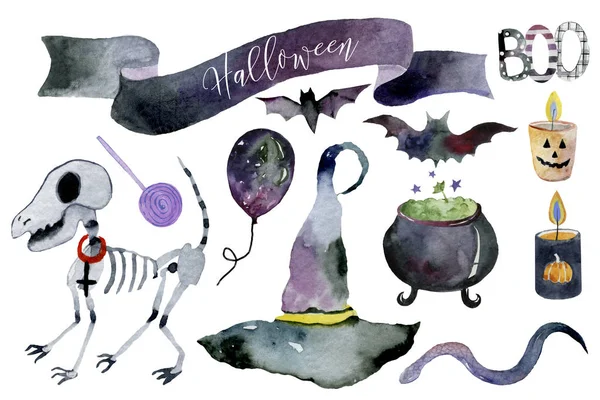 Satz Von Handgezeichneten Elementen Aquarell Gemalt Niedliche Illustrationen Für Halloween — Stockfoto