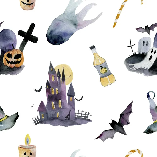 Ručně Kreslený Vzorek Namalovaný Vodní Barvě Pěkná Ilustrace Halloween Akvarel — Stock fotografie