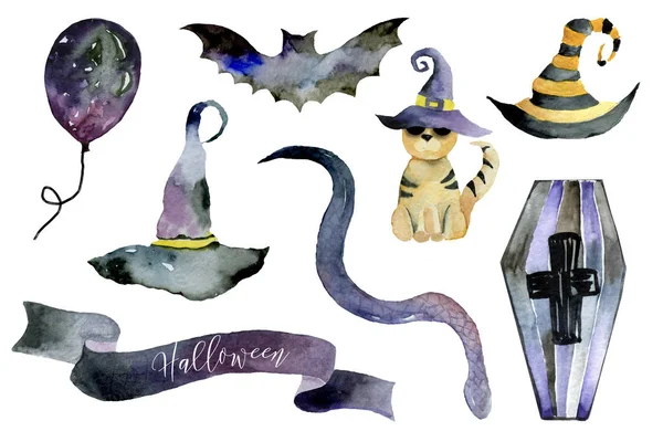 Set Van Hand Getekende Elementen Geschilderd Aquarel Aquarel Halloween Collectie — Stockfoto