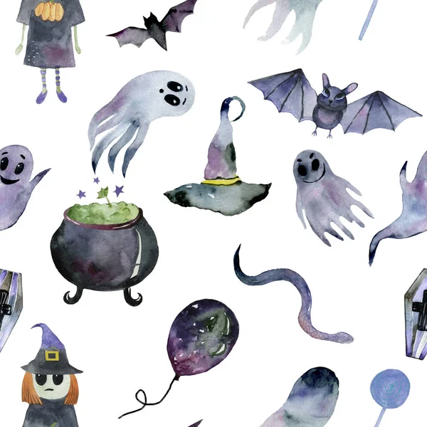 Set of hand-drawn elements painted in watercolor. Cute illustrations for Halloween. Watercolor halloween collection. Artistic autumn constructor clip art. balloon, lilac, witch, snake, candle, Ghost, Lollipop, orange, striped hat, hat