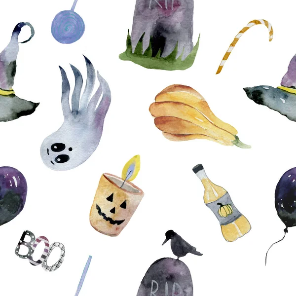 Set Elementos Dibujados Mano Pintados Acuarela Lindas Ilustraciones Para Halloween — Foto de Stock