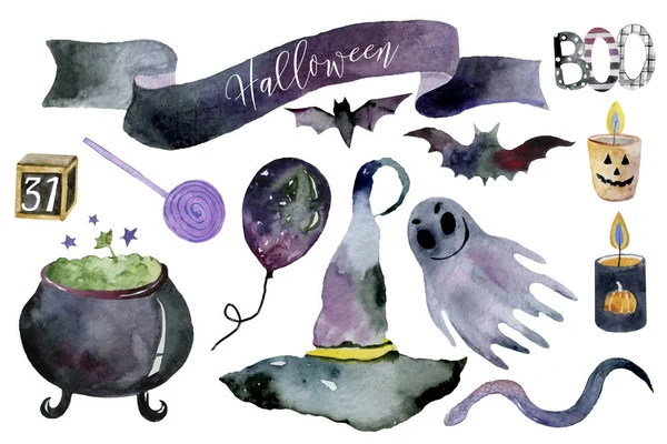 Satz Von Handgezeichneten Elementen Aquarell Gemalt Niedliche Illustrationen Für Halloween — Stockfoto