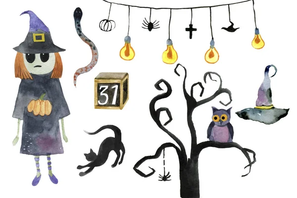 Set Elementi Disegnati Mano Dipinti Acquerello Graziosa Illustratio Halloween Acquerello — Foto Stock