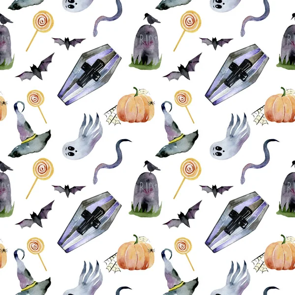 Set Elementos Dibujados Mano Pintados Acuarela Lindas Ilustraciones Para Halloween — Foto de Stock