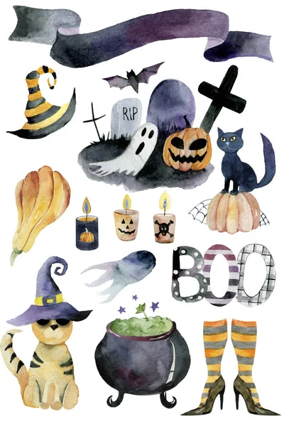 Ensemble Éléments Dessinés Main Peints Aquarelle Illustrations Mignons Pour Halloween — Photo