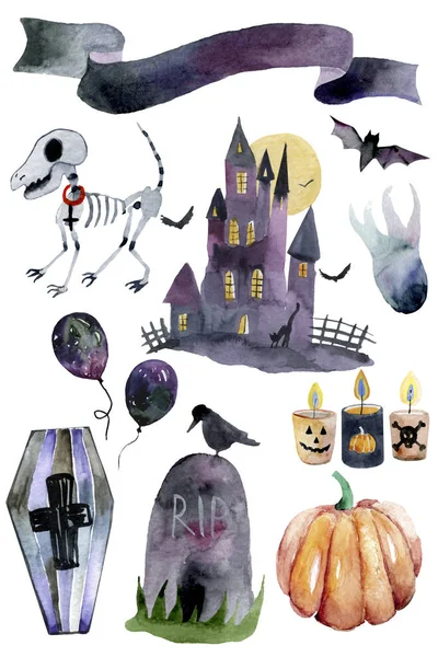 Sada Ručně Kreslovaných Prvků Vybarvené Akvarel Pěkná Ilustrace Halloween Vodní — Stock fotografie
