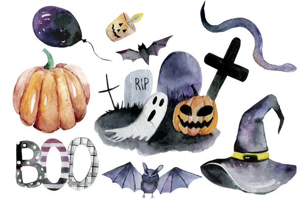 Ensemble Éléments Dessinés Main Peints Aquarelle Jolies Illustrations Pour Halloween — Photo