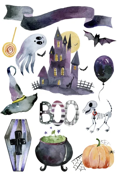 Set of hand-drawn elements painted in watercolor. Cute illustrations for Halloween. Watercolor halloween collection. Artistic autumn constructor clip art.