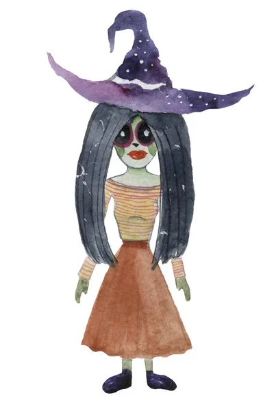 水彩画で描かれた手描きの要素のセット ハロウィーンのためのかわいいイラスト 水彩画のハロウィーンコレクション 芸術的な秋のコンストラクタークリップアート ハロウィーンの魔女 ハロウィーンエンチャントレス ハロウィーンのキャラクター エンチャントレス — ストック写真