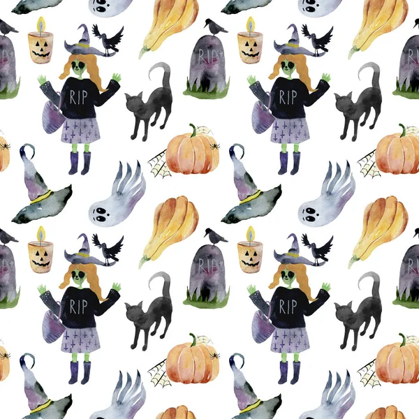 Satz Von Handgezeichneten Elementen Aquarell Gemalt Niedliche Illustrationen Für Halloween — Stockfoto