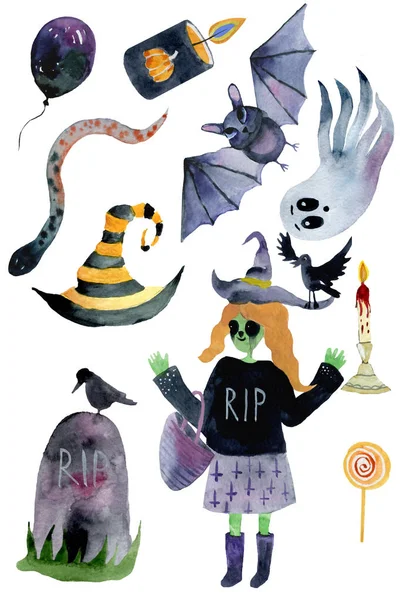 Satz Von Handgezeichneten Elementen Aquarell Gemalt Niedliche Illustrationen Für Halloween — Stockfoto