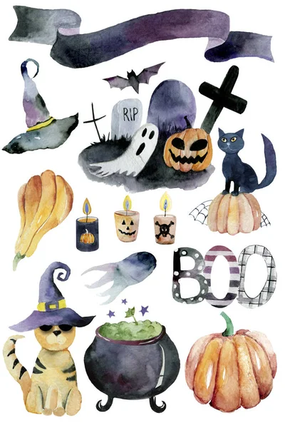 Ensemble Éléments Dessinés Main Peints Aquarelle Jolies Illustrations Pour Halloween — Photo