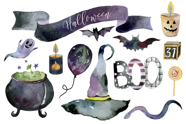 Satz Von Handgezeichneten Elementen Aquarell Gemalt Niedliche Illustrationen Für Halloween — Stockfoto