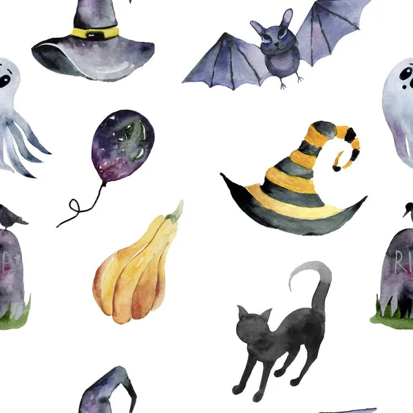 Handgezeichnetes Muster Aquarell Gemalt Niedliche Illustrationen Für Halloween Aquarell Halloween — Stockfoto