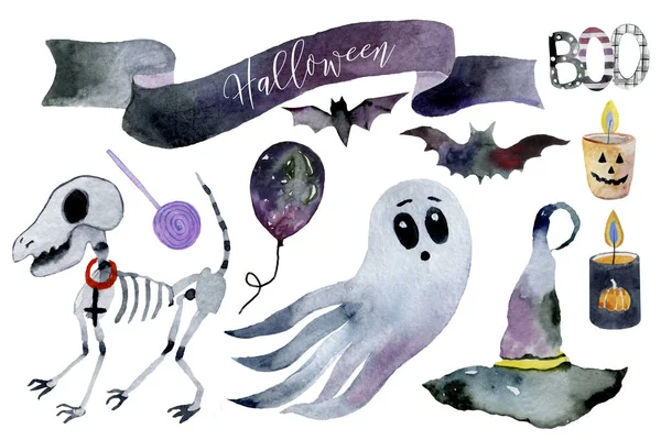 Set Van Hand Getekende Elementen Geschilderd Aquarel Aquarel Halloween Collectie — Stockfoto