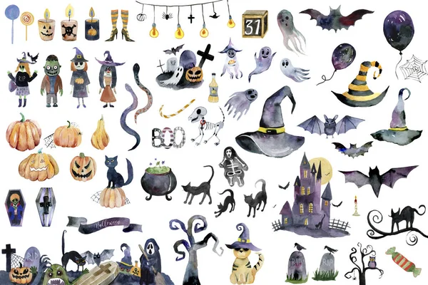 Zestaw Ręcznie Rysowane Elementy Malowane Akwareli Śliczne Ilustracje Halloween Akwarela — Zdjęcie stockowe