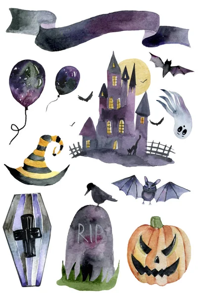 Set Elementi Disegnati Mano Dipinti Acquerello Belle Illustrazioni Halloween Acquerello — Foto Stock