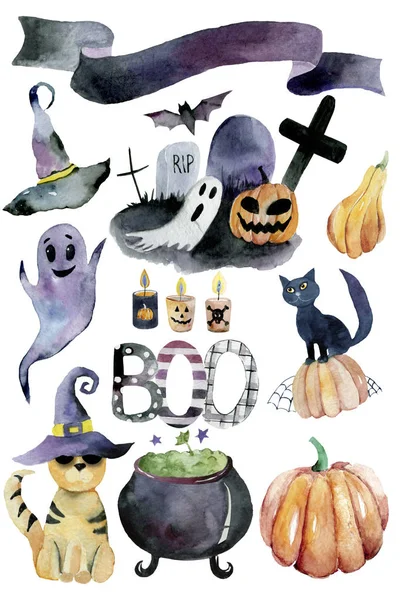 Sada Ručně Kreslovaných Prvků Vybarvené Akvarel Pěkná Ilustrace Halloween Vodní — Stock fotografie