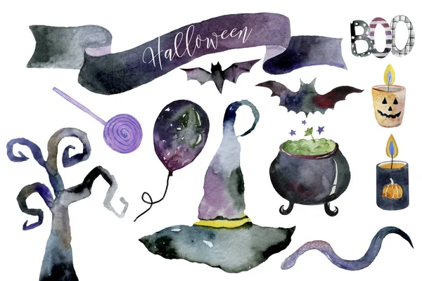 Set of hand-drawn elements painted in watercolor. Cute illustrations for Halloween. Watercolor halloween collection. Artistic autumn constructor clip art.