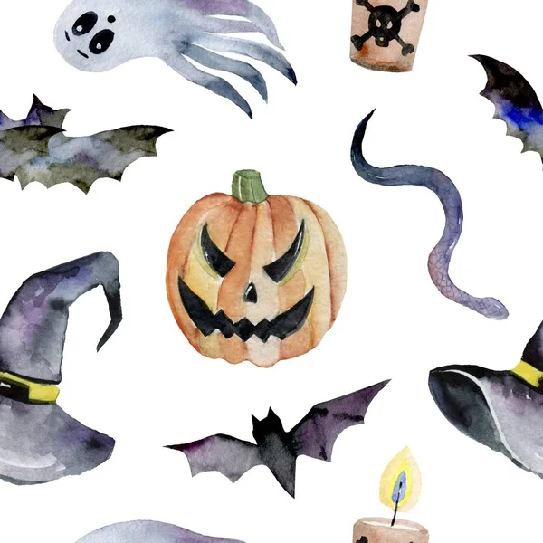 Patrón Dibujado Mano Pintado Acuarela Lindas Ilustraciones Para Halloween Acuarela — Foto de Stock