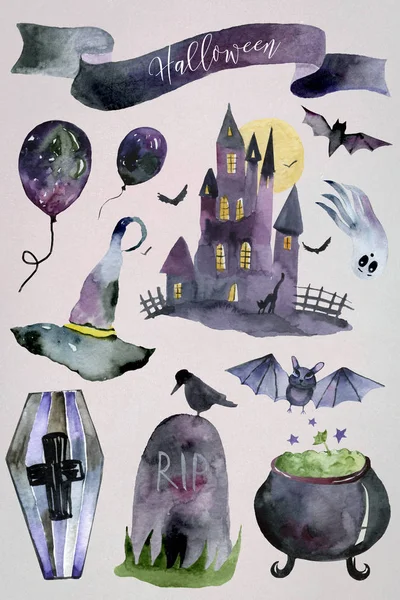 Satz Von Handgezeichneten Elementen Aquarell Gemalt Niedliche Illustrationen Für Halloween — Stockfoto