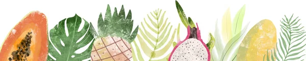 Οριζόντια πρότυπο πανό με φρέσκα βιολογικά καλοκαίρι εξωτικά τροπικά ζουμερά φρούτα στο κάτω όριο σε λευκό φόντο. Διακοσμητική απεικόνιση σε επίπεδη στυλ για διαφήμιση, προώθηση. — Φωτογραφία Αρχείου