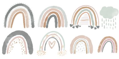 İskandinav şirin çocuksu tarzında elle çizilmiş gökkuşağı resmi koleksiyonu. Pastel gökkuşağının çizgi film çizimi. Bebek dokusu, duvar kağıdı, giysi baskısı için grafiksel element.