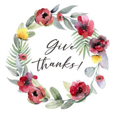 Mutlu şükran günü çiçekli suluboya el çizimi tebrik kartı tasarımı: Sonbahar mevsimi balkabağı pembe ranunculus çiçeği şirin renkli doğal sonbahar yapraklı bitki yaprağı kenar çerçeve Teşekkürler metin alanı