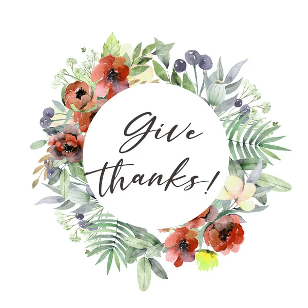 Mutlu şükran günü çiçekli suluboya el çizimi tebrik kartı tasarımı: Sonbahar mevsimi balkabağı pembe ranunculus çiçeği şirin renkli doğal sonbahar yapraklı bitki yaprağı kenar çerçeve Teşekkürler metin alanı