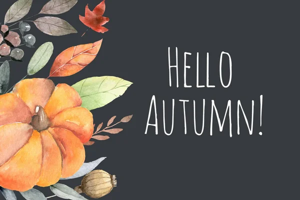 水彩缤纷的秋天枫叶与你好秋天的字母 — 图库照片