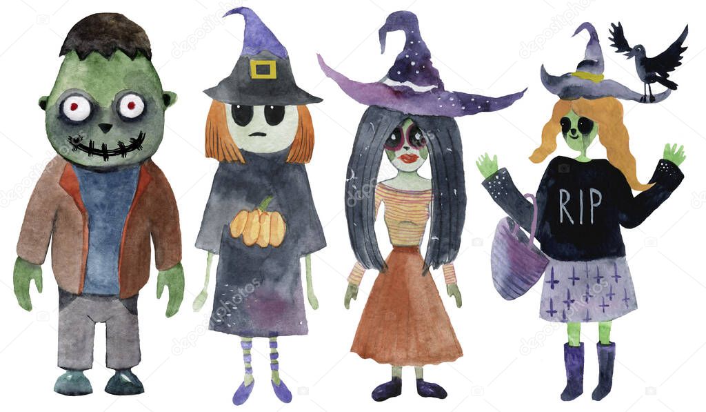 Set of children characters for Halloween. Costumes Dracula, witches, Frankensteins monster