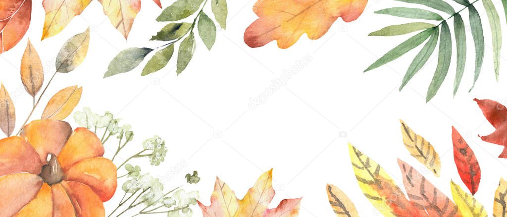 Autumn Festival template. Bright colorful autumn leaves on horizontal white background.