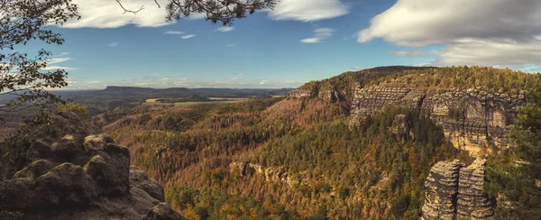 Táj Hegyekben Panoráma Kilátással Völgyre Erdőkkel Homokkővel Nemzeti Park Bohém — Stock Fotó