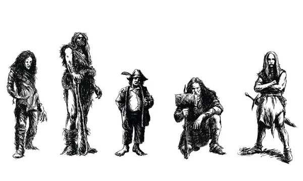 Conjunto Personajes Fantasía Ilustración Vectorial Blanco Negro — Archivo Imágenes Vectoriales