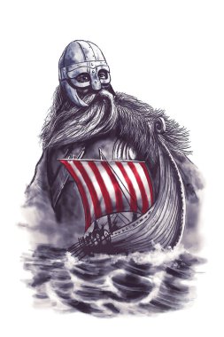 Viking savaşçısı ve Viking gemisi denizde yelken açıyor.
