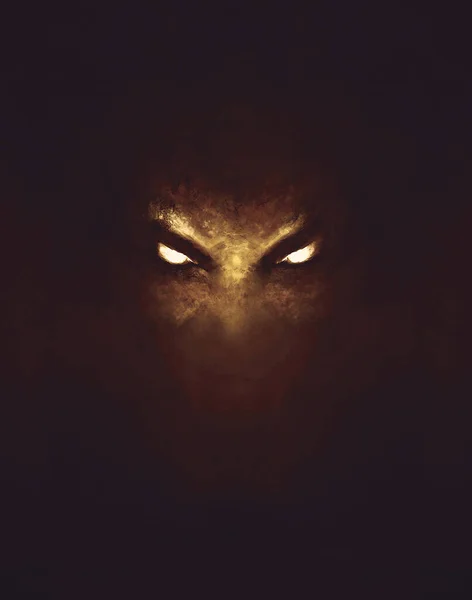 the face of a demon with glowing eyes, in the dark - a painting