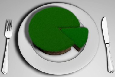 Bir kesim parçası ile bir pasta şeklinde çim ile 3d illüstrasyon toprak