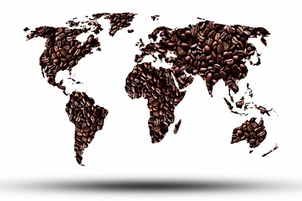 世界地图与咖啡豆背景 — 图库照片