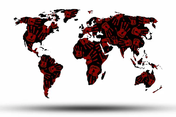 Mapa Del Mundo Con Huellas Rojas Las Manos Fondo — Foto de Stock