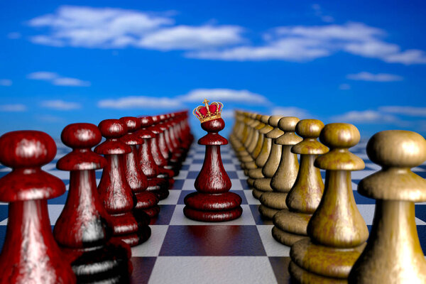 3D иллюстрация деревянная шахматная пешка в короне
