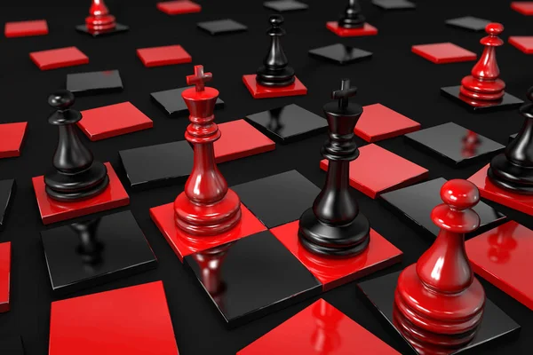 Απεικόνιση Των Μαύρων Και Κόκκινων Κομματιών Σκάκι Μια Σπασμένη Σκακιέρα — Φωτογραφία Αρχείου