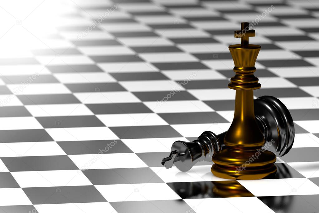 3D illustration chess pieces two kings one of which fell