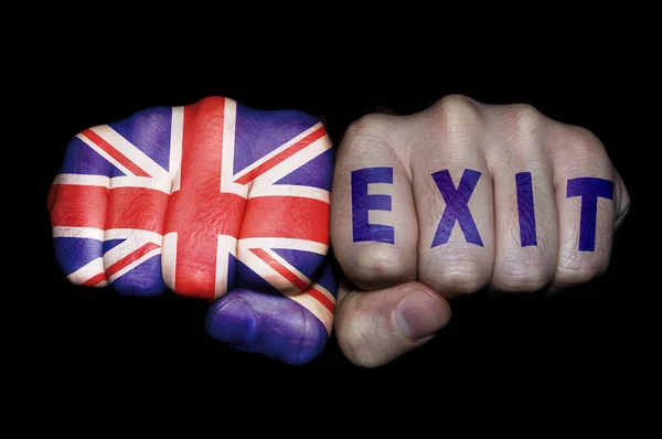 Två Nävar Brittisk Flagga Och Den Andra Ordet Exit — Stockfoto