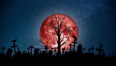 Mezarlar, büyük bir ayın arkaplanına karşı detaylı bir şekilde. Cadılar Bayramı konsepti.