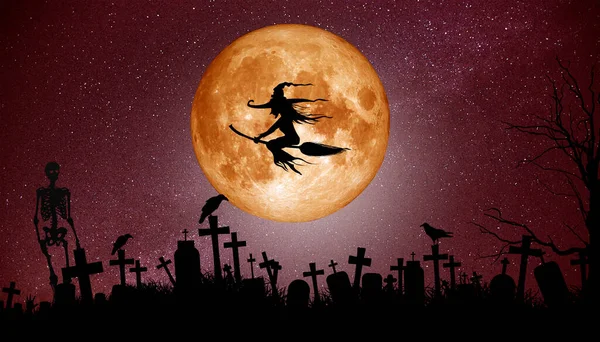 Sírok Hátterében Egy Nagy Hold Részletesen Halloween Koncepció — Stock Fotó