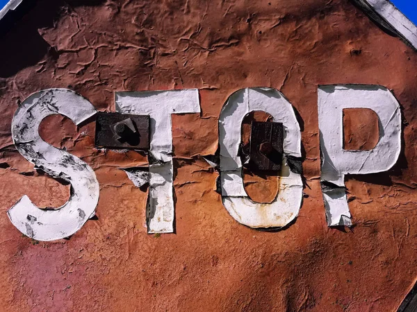 Very Old Stop Road Sign Half Blown Paint Close — Stock Photo, Image