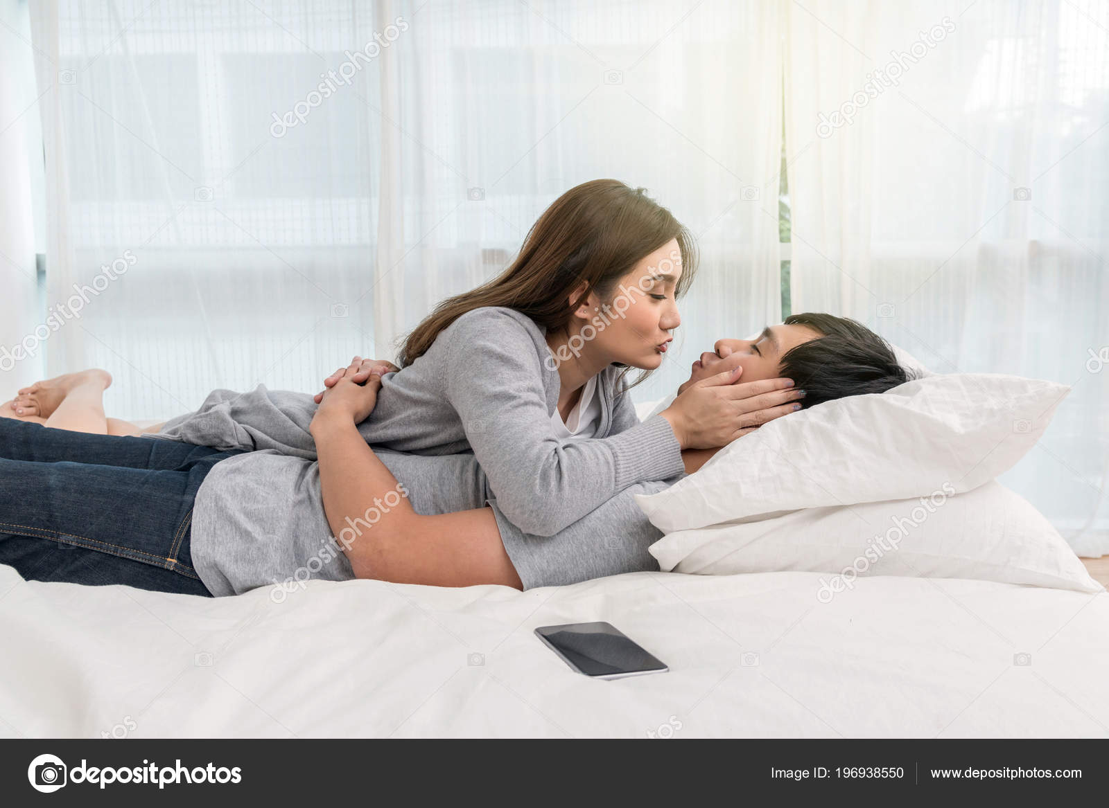 Happy Asian Lover Kissing Hugging Bed Bedroom Home Couple