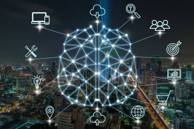Bir yapay zeka poligonal beyin şekli ile çeşitli simge cityscape arka plan, AI ve iş çok kavramı üzerinde akıllı şehrin şeyler teknoloji Internet