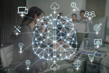 Bir yapay zeka poligonal beyin şekille birlikte, AI ve iş çok kavramı beyin fırtınası grup çok ırklı, insanlar üzerinde akıllı şehrin şeyler teknoloji Internet çeşitli simge