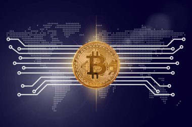 Bitcoin mockup ağ devre hattı üzerinden dünya harita nokta koyu mavi renk arka plan, cryptocurrency ve İnovasyon kavramı ile